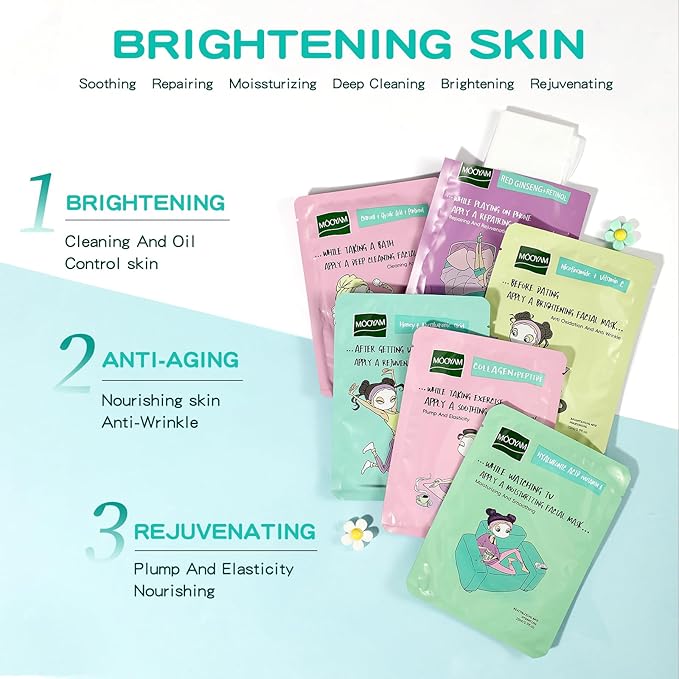Face Masks Skincare Set for Girl,Moisturizing Collagen Facial Masks for Women Home Spa,Hyaluronic Acid Face Mask for All Skin Types,Day Night Facial Mask Hydrating,Deep Cleaning,Oil Contral(24Pack)