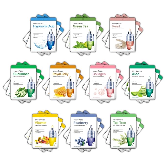 【 Orangeroses 】 30 Pcs Combo Pack Vital Ampoule Sheet Mask, Korean Facial Skincare Sheet | Simple & Effective Skincare Routine | Moisturization | Wrinkle Care | Brightening