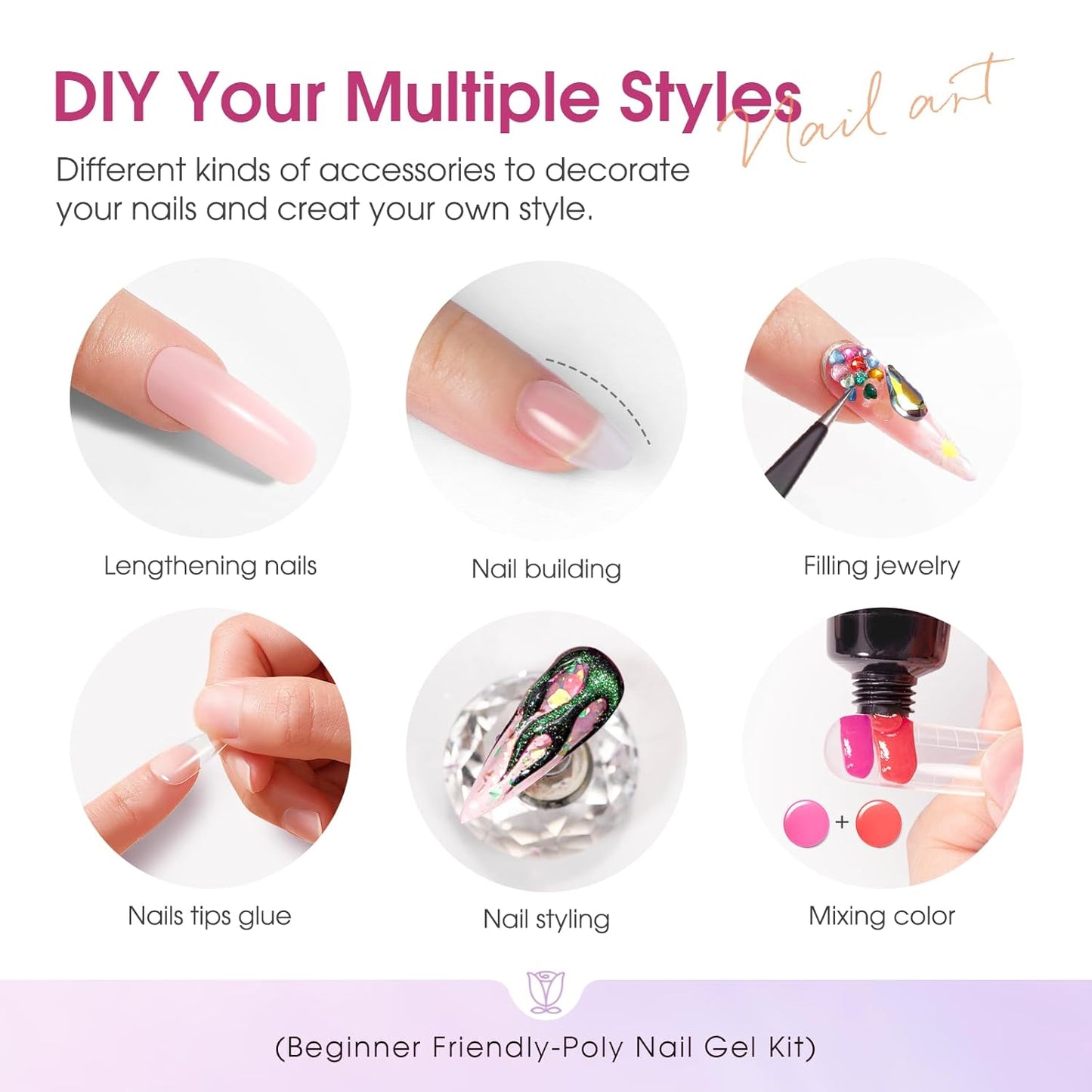 ROSALIND Poly Nail Gel Colors Kit -14 Colors +72 Nail Art Accessories kit Glitter Poly Nails Gel Kit Starter Kit with Mini UV Lamp Slip Solution Nude Pink Poly Nail Art for Beginners with Everything