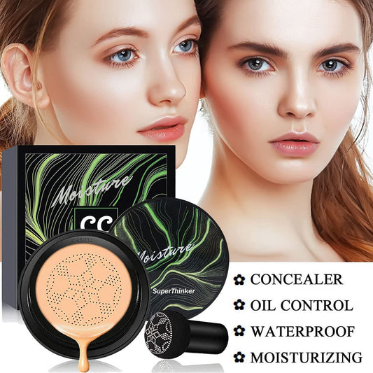 Air Cushion CC Cream Mushroom Head Cushion Foundation, BB Cream Face Makeup for Mature Skin Moisturizing Concealer Brighten Long-Lasting, Even Skin Tone for All Skin Types (Buff Beige)