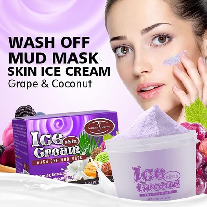 AICHUN BEAUTY Ice Cream Facial Wash Off Mud Mask Oil-Control Deep Cleaning Moisturizing Exfoliation Blackhead Skin Care 100g 3.38FL. OZ (GRAPE&COCONUT)