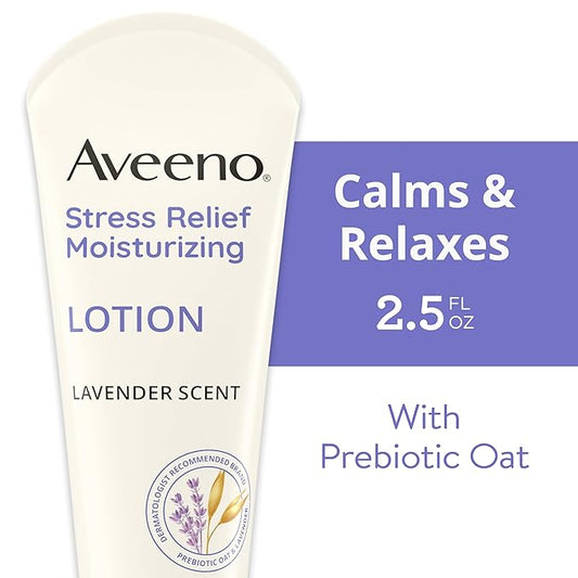 Aveeno Stress Relief Moisturizing Body Lotion with Lavender Scent & Prebiotic Oat to Calm & Relax, Non-Greasy, TSA-Approved Travel Size, 2.5 fl. oz, 12 Pack