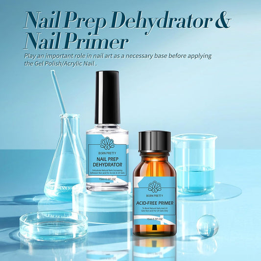 BORN PRETTY Natural Nail Prep Dehydrate and Bond Primer Acid-Free,15ml Dehydrator for Acrylic and Gel Nail Polish, Non Acid Primer for UV Gels Fast Dry Superior Bonding Agent Gift Box Set