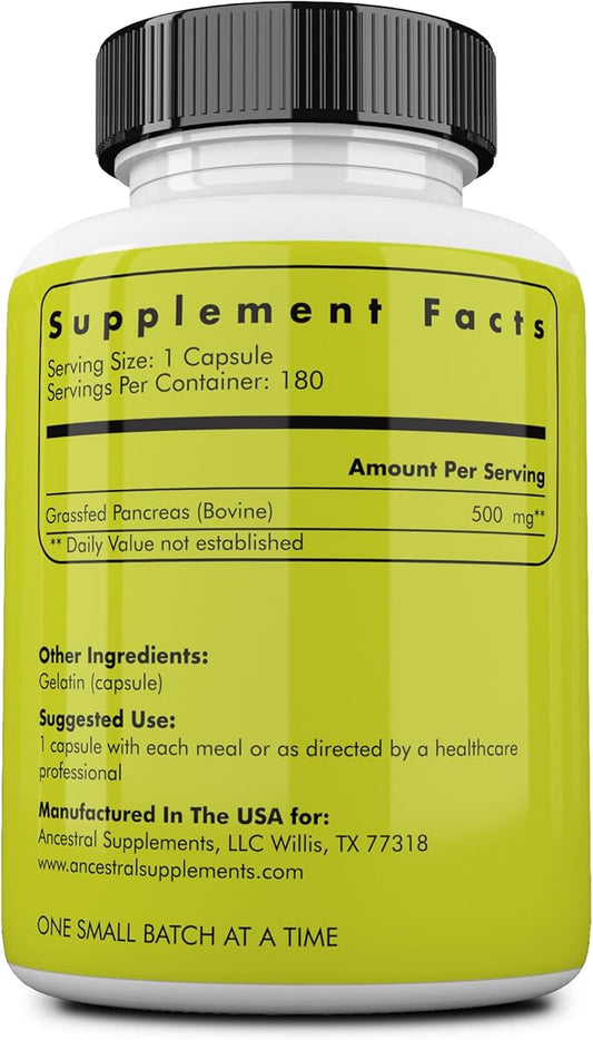 Ancestral Supplements Grass Fed Beef Pancreas Supplement, 500mg, Pancreatic Support with Proteolytic Digestive Enzymes for Digestion Support, Including Trypsin, Non GMO, 180 Capsules