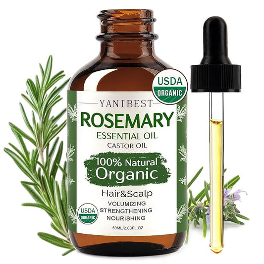 YANIBEST Organic Rosemary Essential Oil, Castor Oil, 100% Pure Natural Hair Oil for Strengthening Hair, Nourish and Repair Damaged Hair, Improve Scalp Health