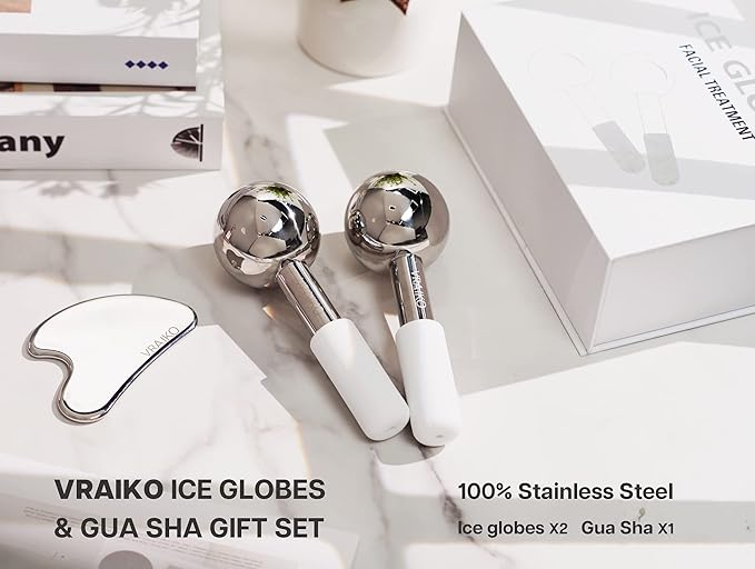 ICE Globes for Facials & Gua Sha Set, Gua Sha Facial Tools and Cryo Sticks with Unbreakable Steel, Face Massager Cooling Rollers for Dark Circles, Puffiness and Lymphatic Drainage (White)