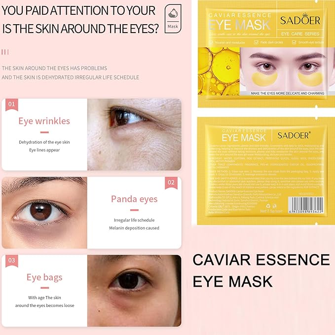 MEICOLY 30 Pads Lip and Eye Mask Sheet,Moisturizing Gold Caviar Under Eye Mask Strawberry Lip Mask,Crystal Anti-Aging Eye Patches Dark Circle Remover with Box,Eye and Lip Mask Set