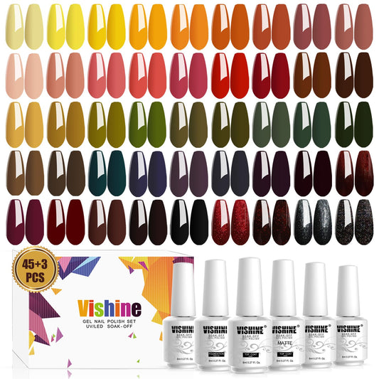 Vishine 48PCS Gel Nail Polish Kit with UV Light include 45 Colors Gel Polish Nail Kit Soak Off Base Coat No Wipe Top Coat Matte Top Coat Nail Polish Set Manicure Tools Nail Lamp Nail Gel Kit for Women