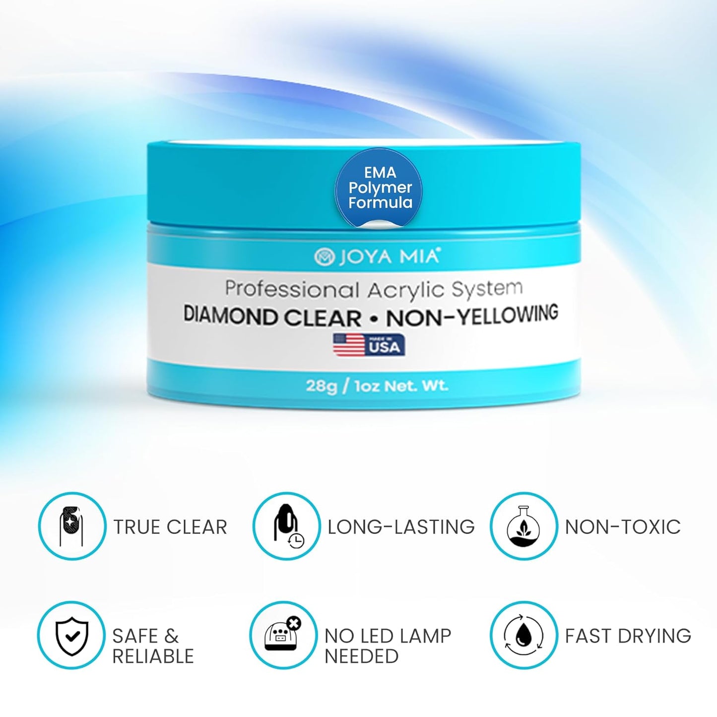 Joya Mia Acrylic Powder for Nails, MMA-Free, Super Adhesion Professional Powder for Flawless & Long-Lasting Nail Enhancements, Easy Application, Vibrant & Stunning Colors - Diamond Clear, 1 oz