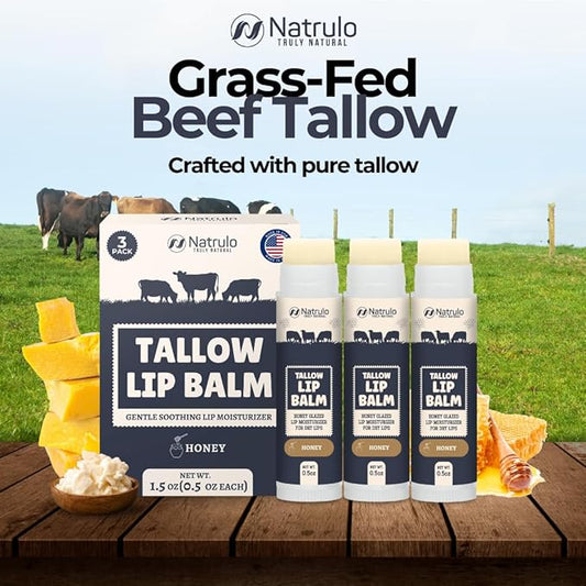 Beef Tallow Lip Balm – Natural Tallow Beeswax Chapstick – Hydrating Moisturizer Grass Fed Bison Tallow Balm Lip Care – Soothes Chapped Dry Lips, Sensitive Skin – Long Lasting Vitamin Rich USA-Made 3Pk