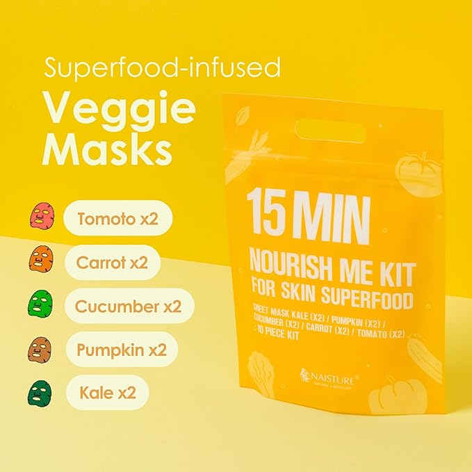 15 Min Nourish Me Kit by Naisture – Korean Spa and Skincare Kit for Women with Kale, Pumpkin, Cucumber, Carrot, and Tomato Face Masks