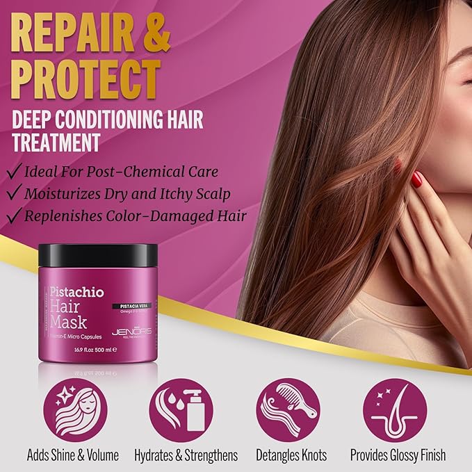 Jenoris Pistachio Hair Mask for Dry Damaged Hair – Deep Conditioning Hair Mask Treatment with Pistachio Oil & Vitamin E, For Color-Treated Hair, For Hair Repair, Paraben & Salt Free, 16.9 Fl Oz