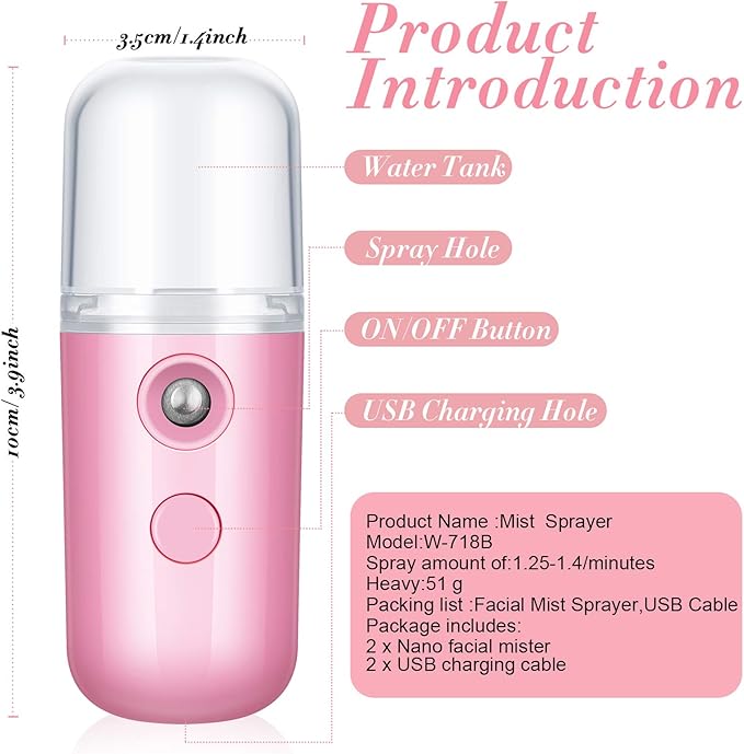 Honoson 2 Pieces Nano Facial Mister 30 ml Mini Face Humidifier Portable Facial Sprayer USB Rechargeable Handy Skin Care Machine for Face Hydrating, Daily Makeup (Blue and Dark Pink)
