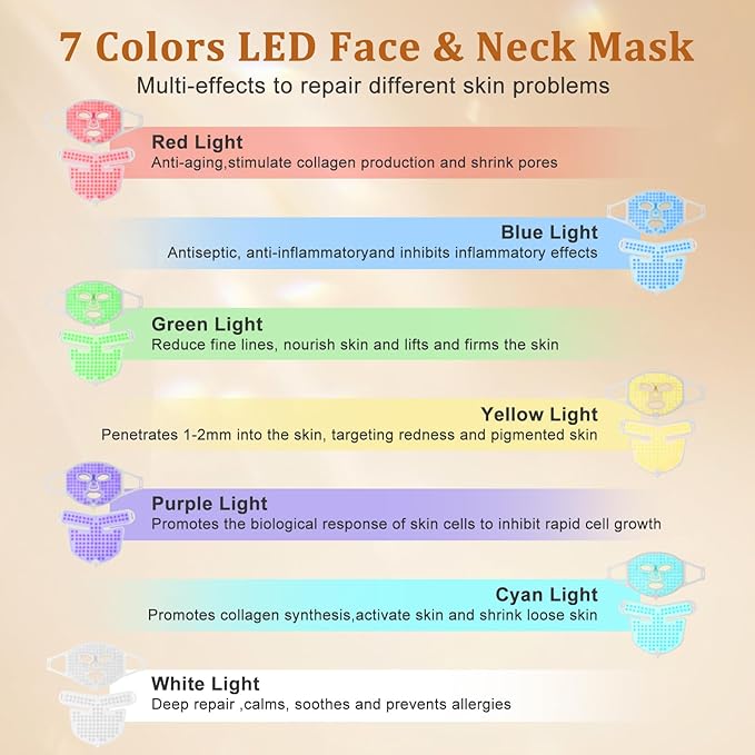 Hotodeal LED Face Mask Light Therapy,7 Colors Light Therapy for Face & Neck Mask,Skin Rejuvenation Anti-aging Beauty LED Mask,Silicone Material Foldable for Easy Carrying