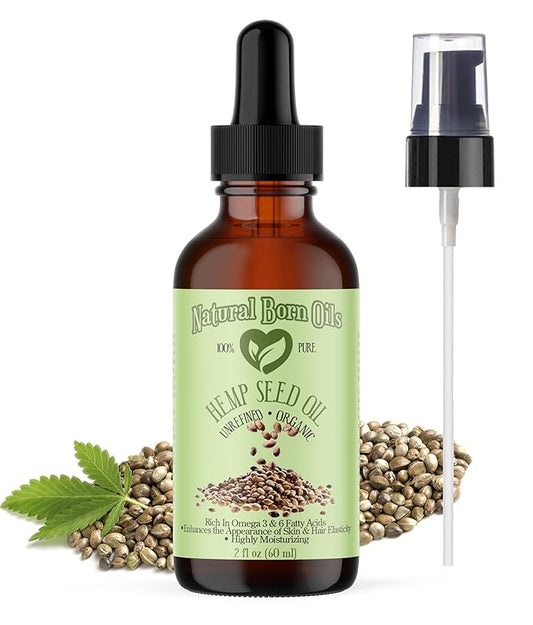 Natural Born Oils Hemp Seed Oil, 2oz, Organic, Cold-Pressed, Rich in Omega Fatty Acids, Ideal for Skin Hydration, Hair Growth