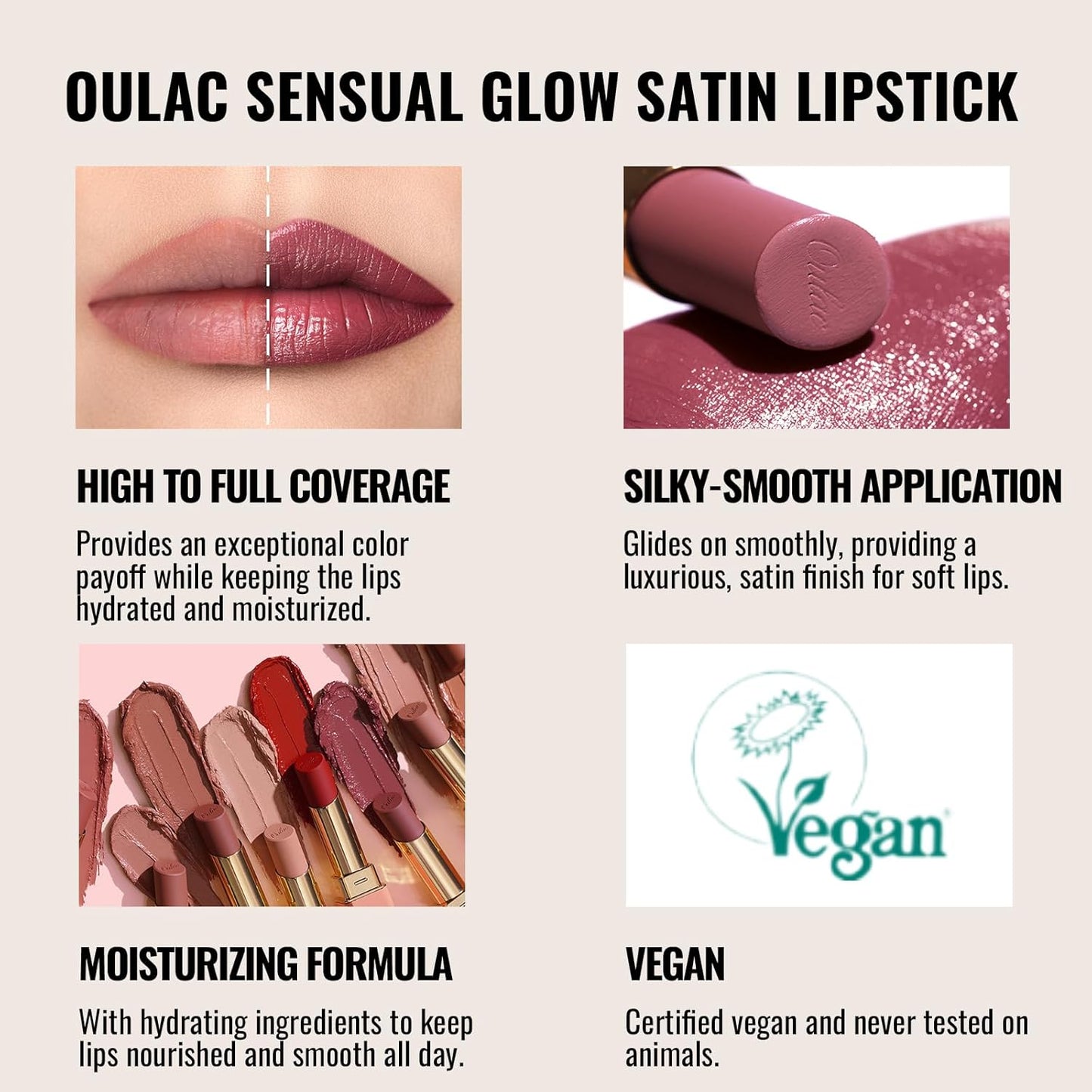 Oulac Color Rich Satin Lipstick - Burgundy Red Full Coverage Lip Color, Creamy Silky-Smooth, Moisturizing, Satin Matte Finish, Infused With Shea Butter, Vegan & Clean Beauty, 4g, SG13 Burgundy