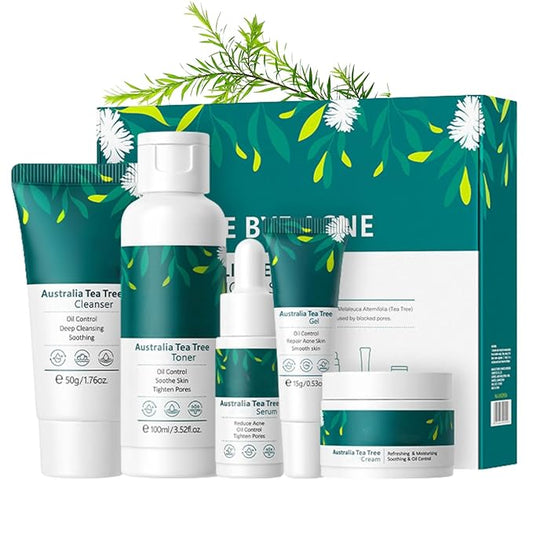 5 Pcs Tea Tree Acne Trea-tment for Face Skin Care Kit - Skin Care for Teens 10-12 - Skincare Gift Set - Acne Kit with Cleanser,Serum,Toner,Gel,Cream - Mother's Day Gifts for Mom