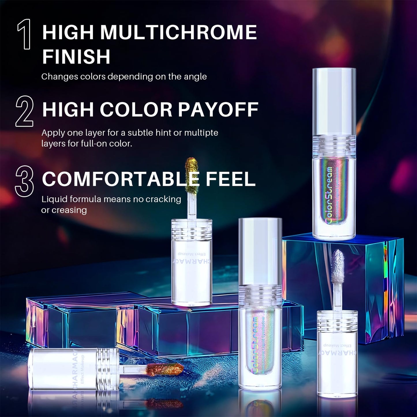 CHARMACY 3 Pcs Multichrome Liquid Metallic Eyeshadow, Chameleon Shifting Color, Holographic Glitter Eyeshadow, Long Lasting Wear, Vegan Eye Topper for Party, Daily Makeup #301