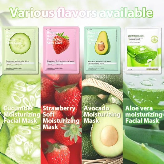 12 Pack Various Fruits Face Sheet Mask Skincare,Hydrating Face Mask For Sensitive Skin,Moisturize,Soothing,Nourish for All Skin Types,Natural Spa Party Facial Mask Skincare Set for Women Men Girls
