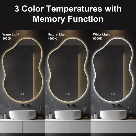 48"x30" Irregular LED Lighted Vanity Mirror for Bathroom, Front and Backlit, Anti-Fog, 3-Color Dimmable Lighting, Wall Mount [Horizontal/Vertical]