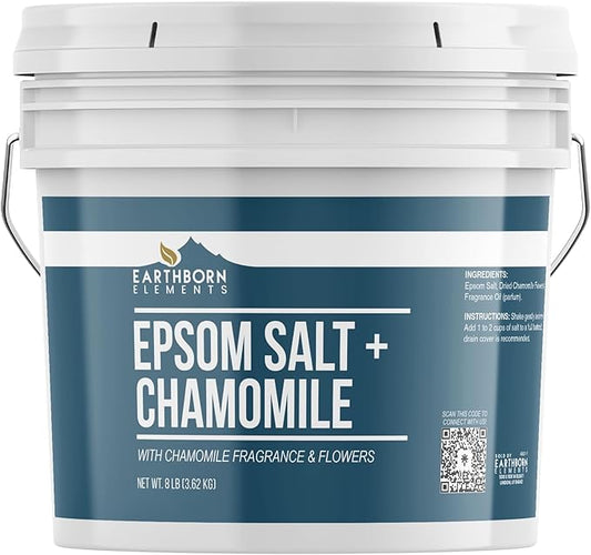 Earthborn Elements Chamomile Epsom Salt 8 lb, One Gallon Bucket, Pure & Undiluted, Soaking Salt with Fragrance & Real Dried Flowers