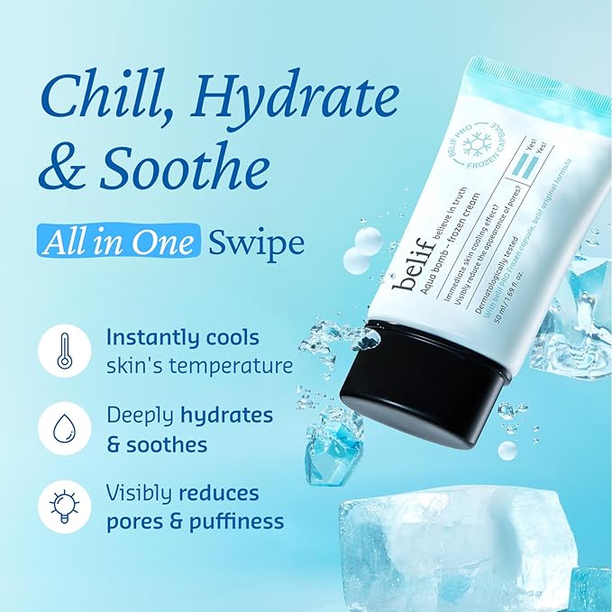 belif Aqua Bomb Cooling Relief Cream with Panthenol & Niacinamide – Daily Soothing & Hydrating Moisturizer, Depuff with Caffeine, Non-comedogenic, Lightweight Cream, Korean Skincare, 1.69 fl oz (50ml)