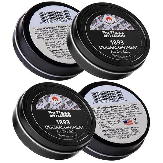 Dr. Hess' 1893 Original Udder Ointment, All-Purpose Nourishing Body Moisturizer for Healing Dry, Irritated Skin, Cracked Heels, Rashes, Chafing with Lanolin, Beeswax, & Eucalyptus Oil, 1.4 oz 4 Pack