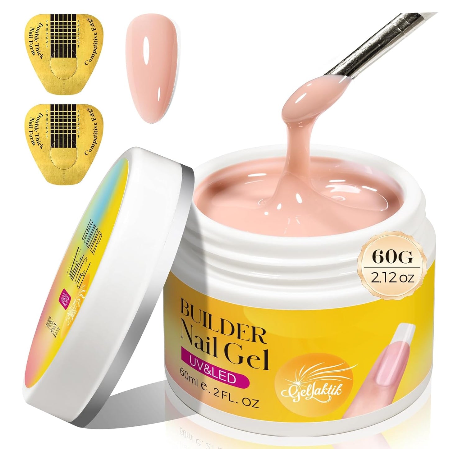 Builder Gel for Nails, 60g Nude Hard Gel for Nail Extension with 10 Nail Forms, Strengthener & Thickening, UV LED Lamp Cured Sculpture, Repair Broken Nails, Salon DIY Manicure Kit