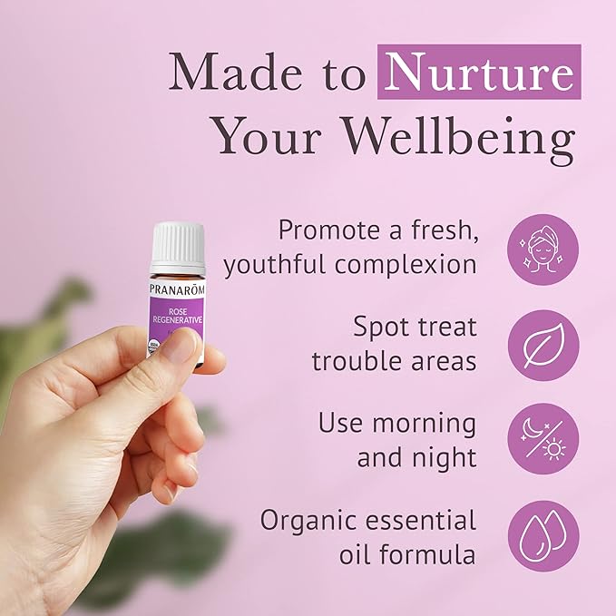 Pranarom - Rose Regenerative Facial Essential Oil Blend (5ml) - Lavender, Rosehip Seed, Frankincense, and Lemon - 100% Pure Essential Oil for Skincare | USDA and ECOCERT Certified Organic