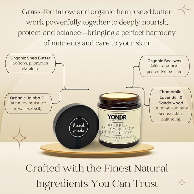 All-Natural Tallow & Hemp Body Butter | Chamomile & Sandalwood Scent | Deeply Hydrating Skincare | 4 oz