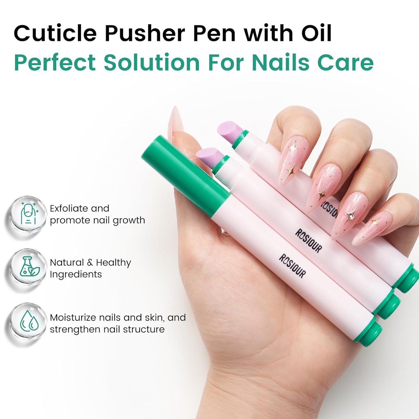 3PCS Ceramic Cuticle Oil Pusher Pen: 3-in-1 Nail Cuticle Buffer Pens for Hangnails, Dry & Damaged Nails, Moisturize Strengthen Brighten Nails Care