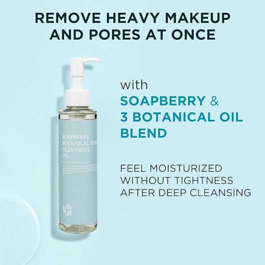 Soapberry Botanical Cleansing Oil, Korean Facial Cleanser Makeup Remover for Heavy Makeup with Jojoba, Apricot, Avocado Oil, Blackhead Removal (5.07 fl. oz, 150ml)