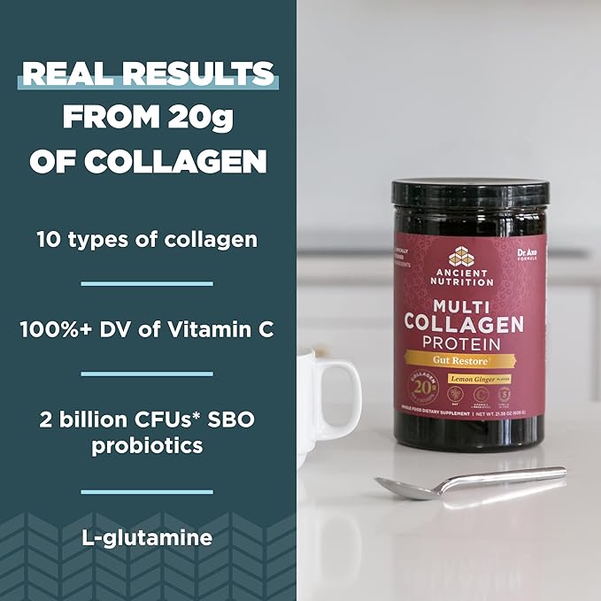 Ancient Nutrition Collagen Powder Protein, Multi Collagen Protein, Hydrolyzed Collagen Peptides Supports Skin and Nails, Joint Supplement (Gut Restore, 20 Servings)