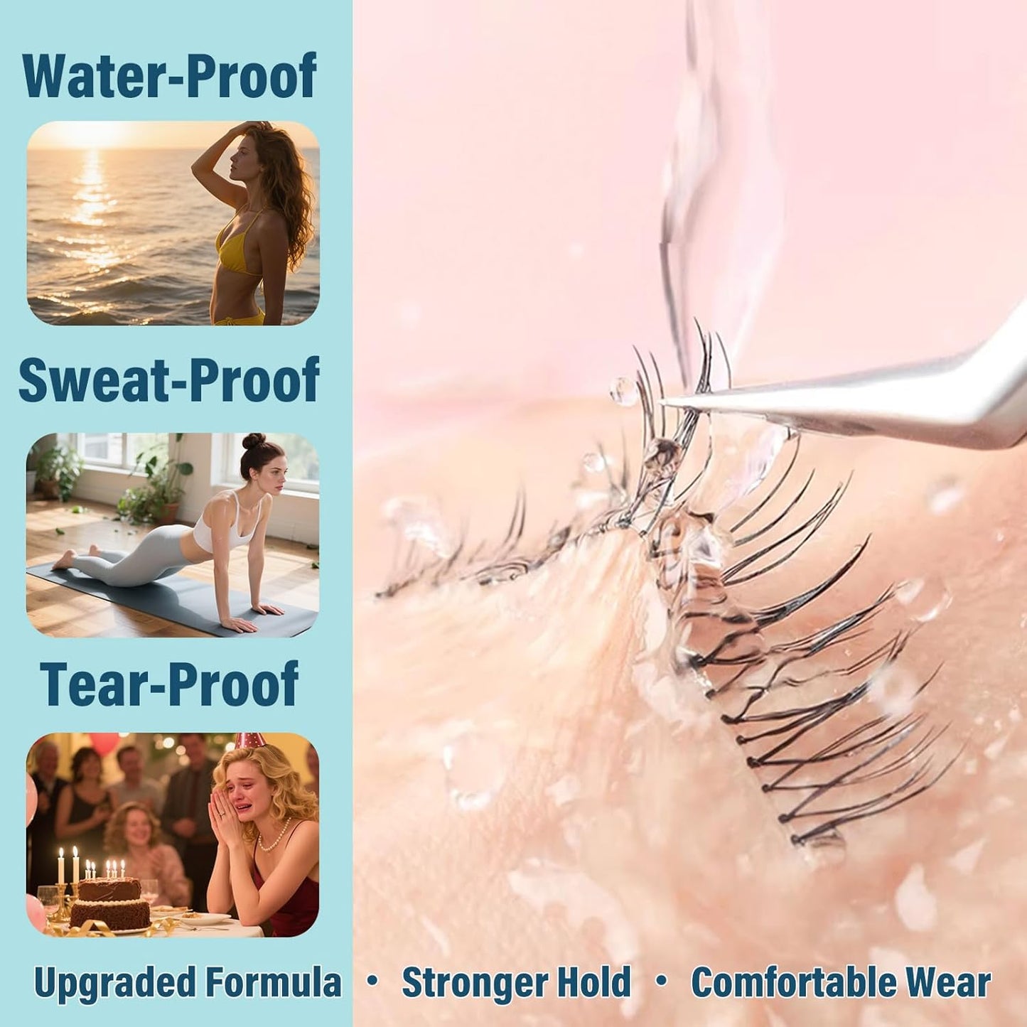 Lash Glue Kit (1Clear 1Black Glue 1Remover) 150Hours Waterproof Bond & Seal Adhesive for Cluster Strip & Individual Lashes, Hypoallergenic Gentle Formula for Sensitive Eyes, Easy to Remove