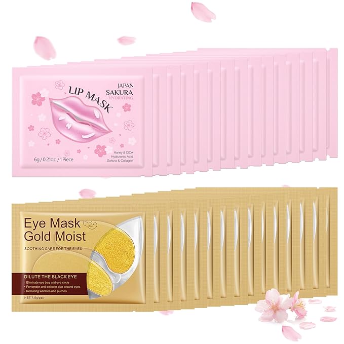 30 Pairs Lip & Eye Masks Set - 24K Gold Crystal Collagen Eye Pads, Moisturizing Lip Pads, Anti Wrinkle Patches for lip, Eye Patches for Puffy Eyes and Dark Circles, Spa Party Supplies, Self Care Items