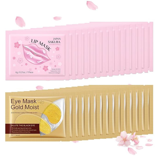 30 Pairs Lip & Eye Masks Set - 24K Gold Crystal Collagen Eye Pads, Moisturizing Lip Pads, Anti Wrinkle Patches for lip, Eye Patches for Puffy Eyes and Dark Circles, Spa Party Supplies, Self Care Items