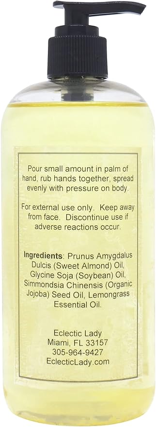 All Natural Lemongrass Massage Oil - Eclectic Lady 16 oz. 100% Natural Ingredients with Sweet Almond & Jojoba Oil, Relaxing Scent for Men & Women