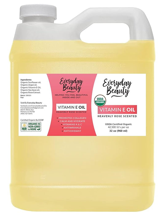 Organic Vitamin E Oil - Bulk 32 oz Heavenly Rose Scented USDA Certified 100% All Natural Plant Based - Light and Rose Scented Great for Scars After Surgery - For Face, Skin and Nails