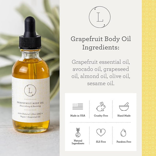 Lizush Grapefruit Body Oil - 2 oz Natural, Vegan, Non-GMO Moisturizing Bath Oil for Silky Skin with Premium Essential Oils - Handmade in the USA