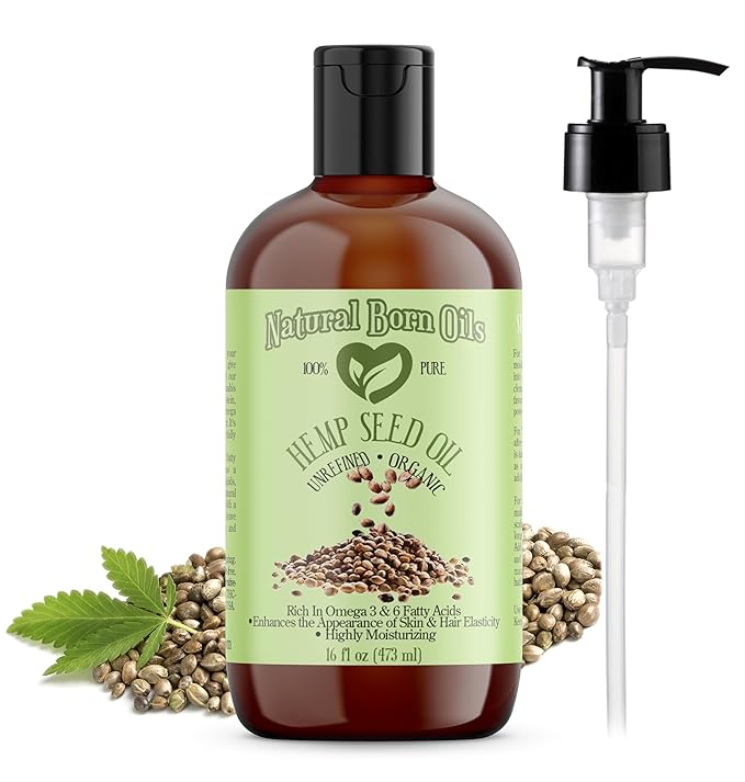 Natural Born Oils Hemp Seed Oil, 16oz, Organic, Cold-Pressed, Nutrient-Rich, Deep Skin Moisturizer, Hair Health Booster