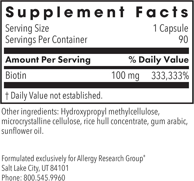 Allergy Research Group HiBiotin Supplement - Extra Strength Biotin Pills, 100,000mcg Biotin, High Dose Biotin, Vegetarian Capsules, Hypoallergenic, Gluten Free - 90 Count
