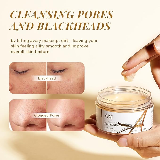ANAI RUI Turmeric Makeup Remover Balm, Turmeric Cleansing Balm, Face Exfoliator for Melting Makeup, Cleansing Pores & Blackheads, Hydrating, Smooth Skin, 3.5OZ