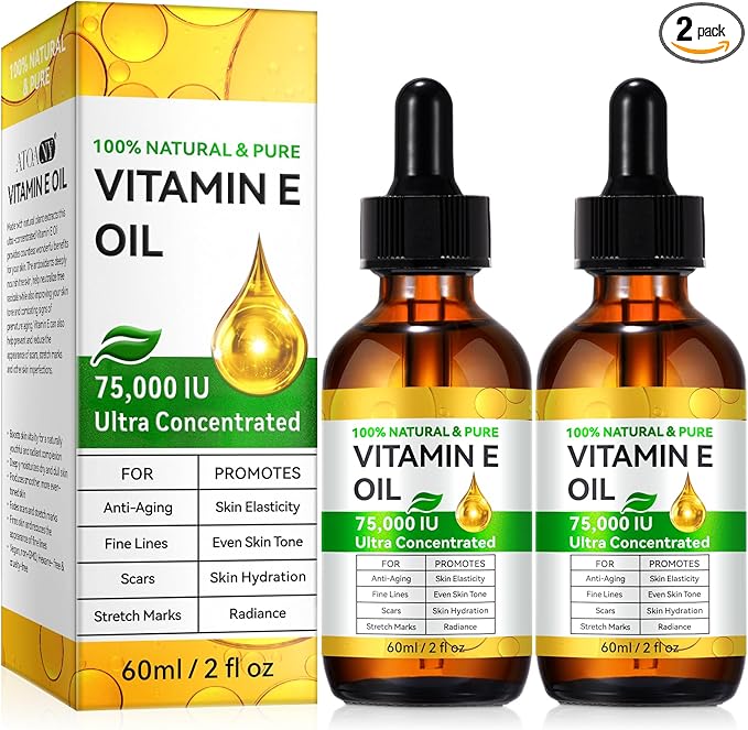 2Pack Vitamin E Oil Blend 75,000 IU, Pure and Natural Body Oil, Premium Grade Essential Oils for Skin Moisturizing, Anti-Aging, 4 Oz