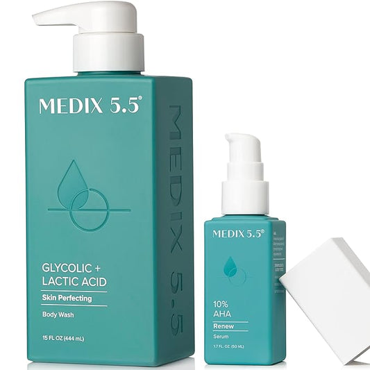 Medix 20% Glycolic Acid Booster + Exfoliating Body Wash Cleanser Skin Care 2PC Set | AHA Exfoliant Cleanser + Body Serum Both Refine + Soften Dead Dry Skin, Bumps, Wrinkles, & Fine Lines, Bundle
