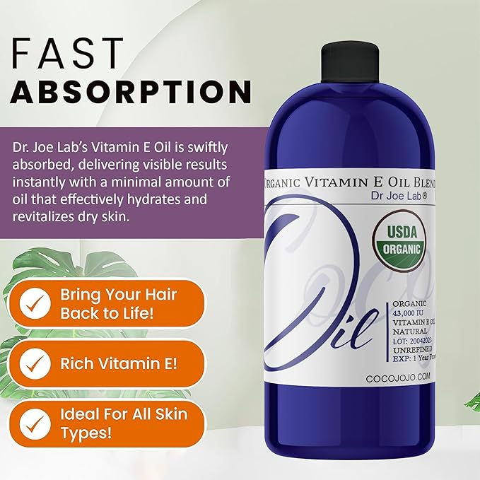 Dr Joe Lab Organic Vitamin E Oil Full Spectrum for Skin, Vitamin E Oil for Hair, Face, Liquid Body Oil, Pure Natural Cold Pressed Unrefined, Moisturizes & Nourishes, Non-GMO - 32 Oz
