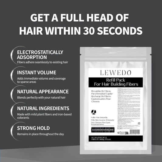 Hair Building Fibers Refill Pack - 100g Instant Thickening Fibers for Men & Women, Natural Cotton Powder, Wind/Rain Resistant, For All Hair Fiber Applicator Bottles (Dark brown)