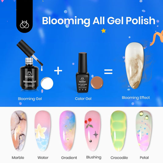 Beetles Blooming Gel & Base Top Coat Set, 3PCS 15ML Shine Finish Long Lasting No Wipe Top Coat Gel Nail Polish Base Spreading Marble Effect Soak off UV LED Nail Art Gifts for Women