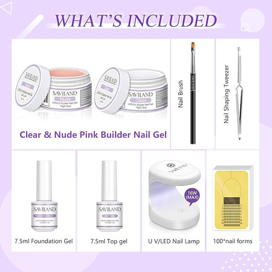 SAVILAND Builder Nail Gel Set - 2 Basic Colors Nail Extension Kit with Foundation Gel Top Gels LED Lamp Brush 100 Pcs Nails Forms at Home Salon