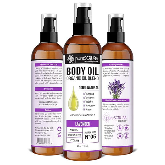 pureSCRUBS Ultra Moisturizing Lavender Body Oil Spray for Dry Skin, Massage, Cuticles & More, Organic Blend of Jojoba, Argan, Coconut, Sweet Almond & Avocado Oils Enriched with Vitamin E, Lg 4oz