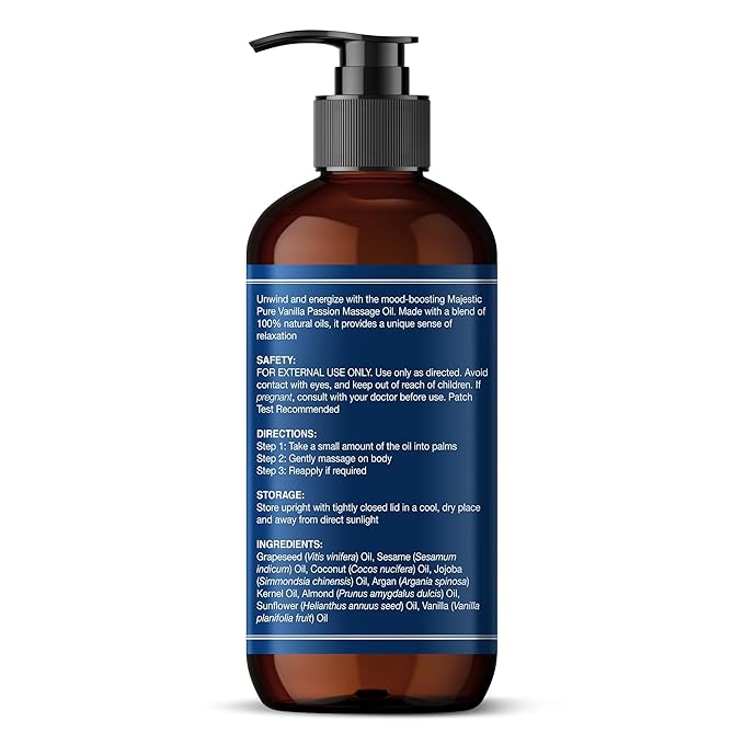 Majestic Pure Vanilla Passion Massage Oil with Vanilla Oil, Coffee Oil & Shea Butter | Invigorating, Refreshing, and Relaxing |for All Skin Types - Men and Women | 8 Fl Oz